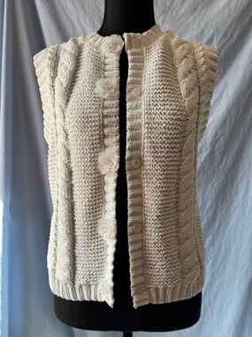 White Cable Knit Button-Up Sweater Vest